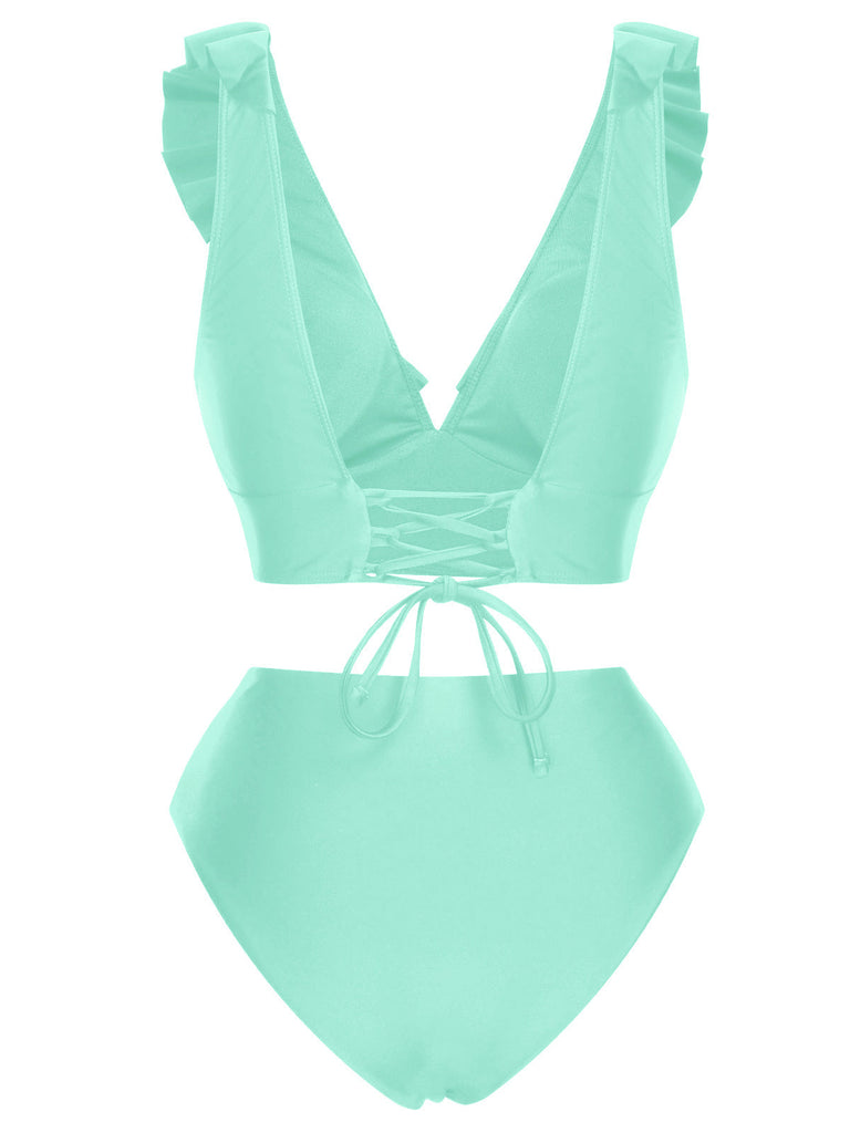 1950er Solide Rüschen V-Ausschnitt Badeanzug