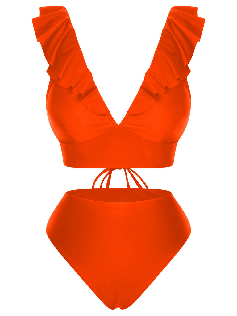 1950er Solide Rüschen V-Ausschnitt Badeanzug