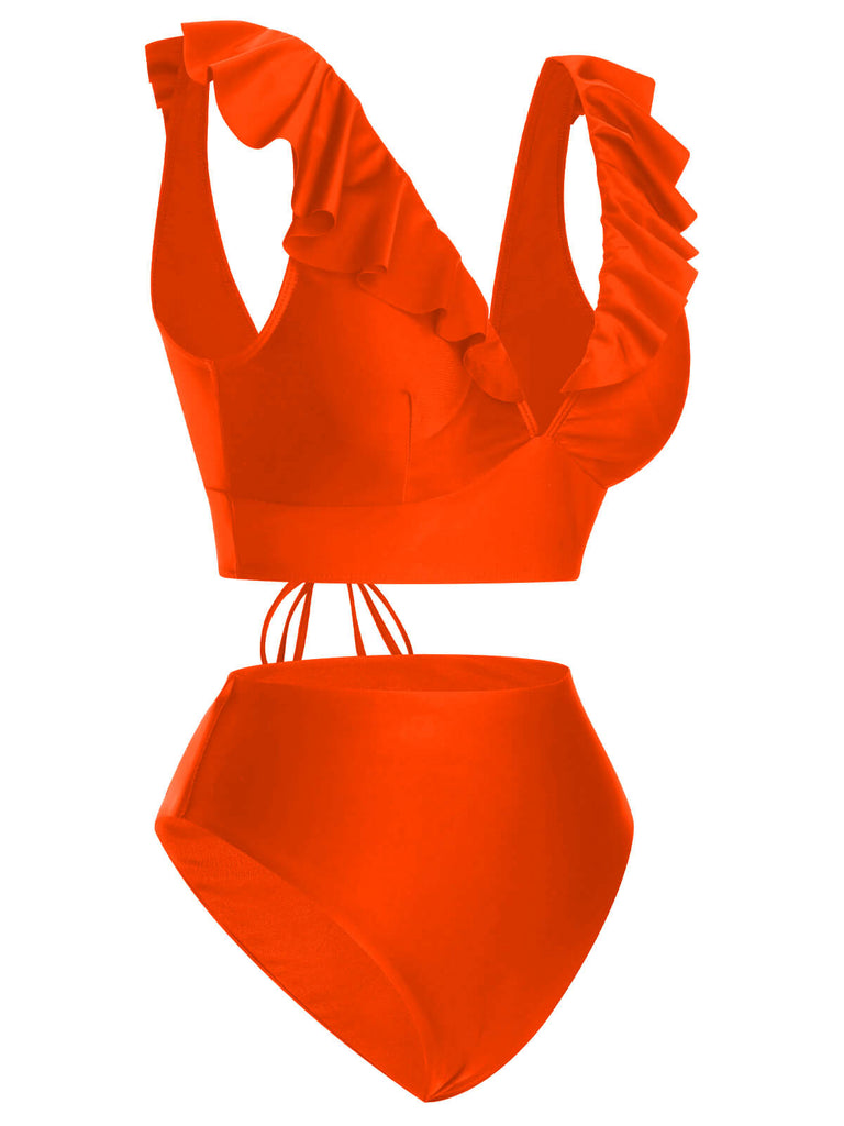 1950er Solide Rüschen V-Ausschnitt Badeanzug