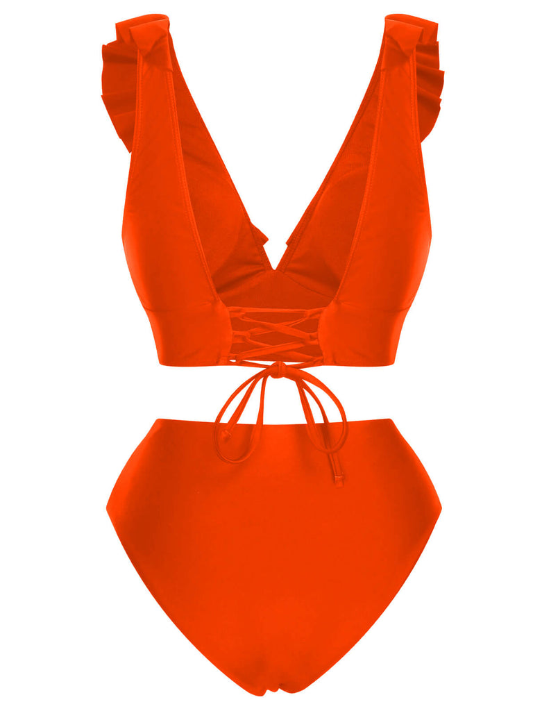 1950er Solide Rüschen V-Ausschnitt Badeanzug