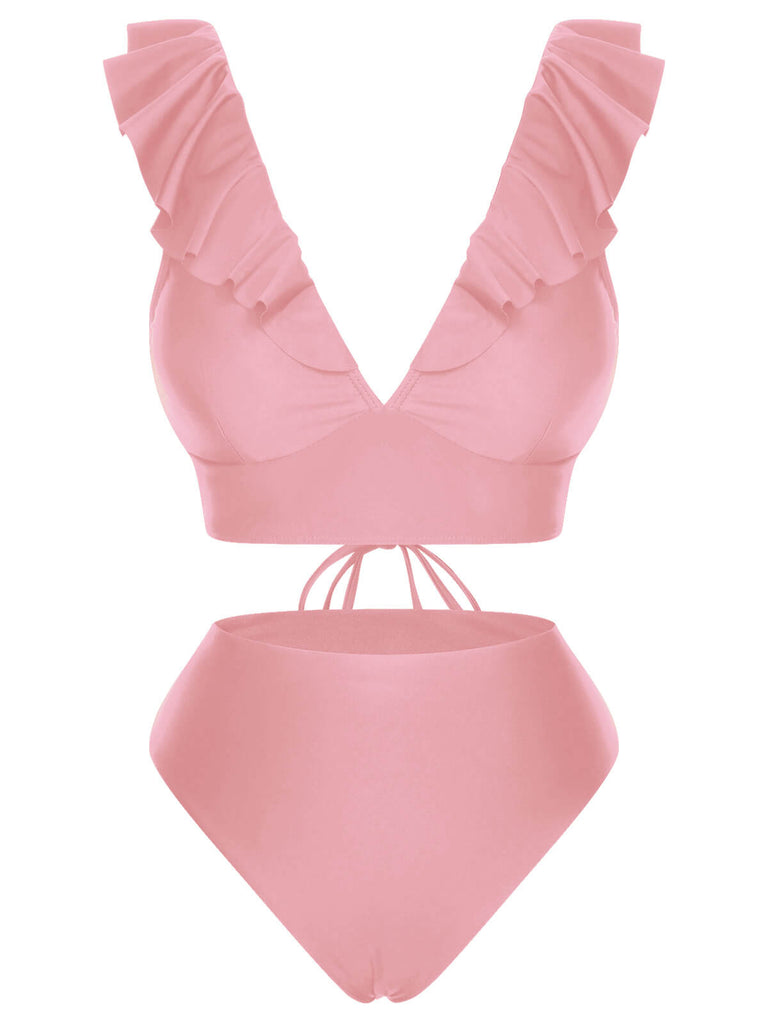 1950er Solide Rüschen V-Ausschnitt Badeanzug