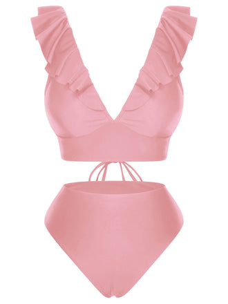 1950er Solide Rüschen V-Ausschnitt Badeanzug