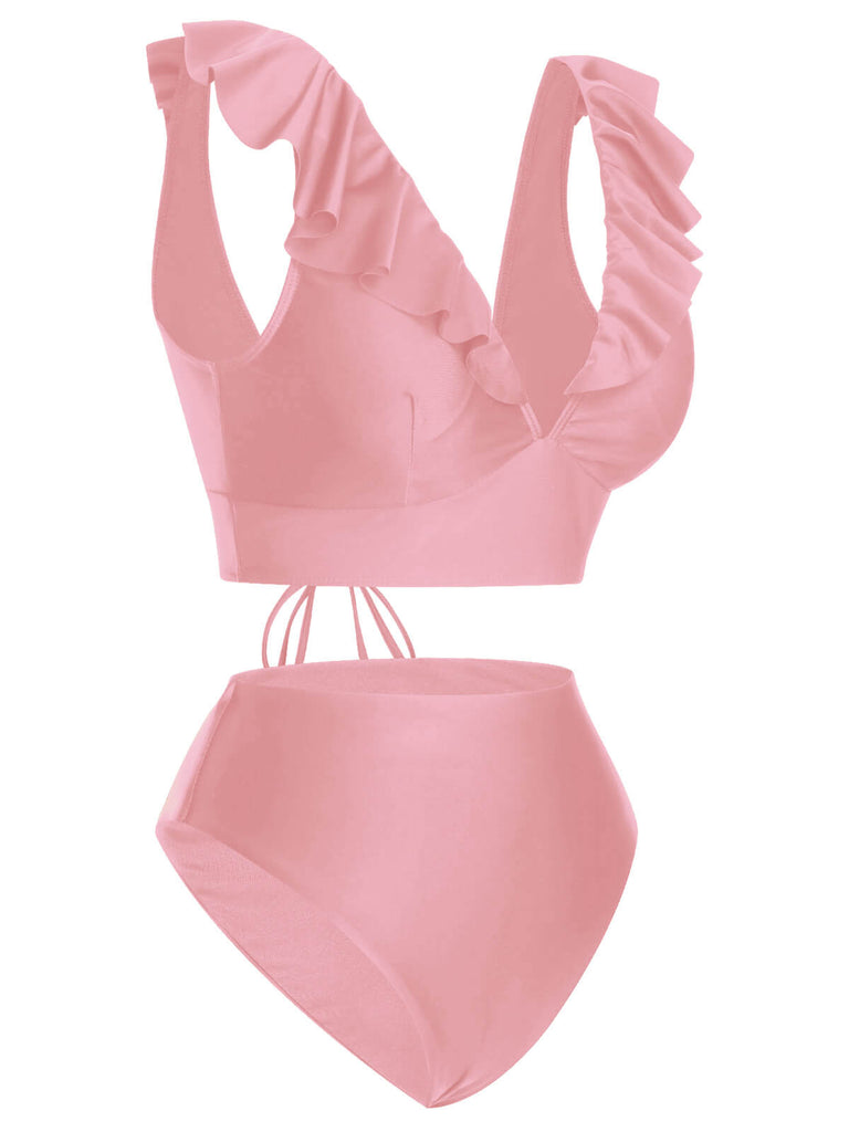 1950er Solide Rüschen V-Ausschnitt Badeanzug