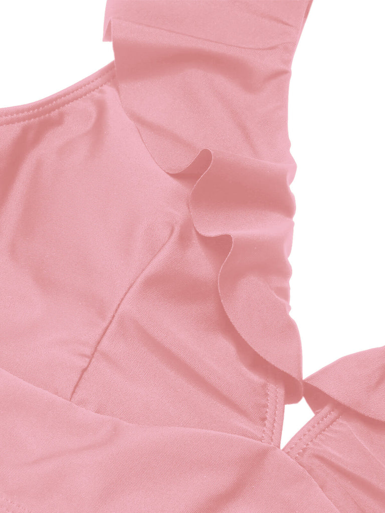 1950er Solide Rüschen V-Ausschnitt Badeanzug