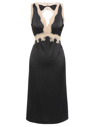 Schwarz 1950er Spitze Rückenfrei V-Ausschnitt Satin Nachtwäsche