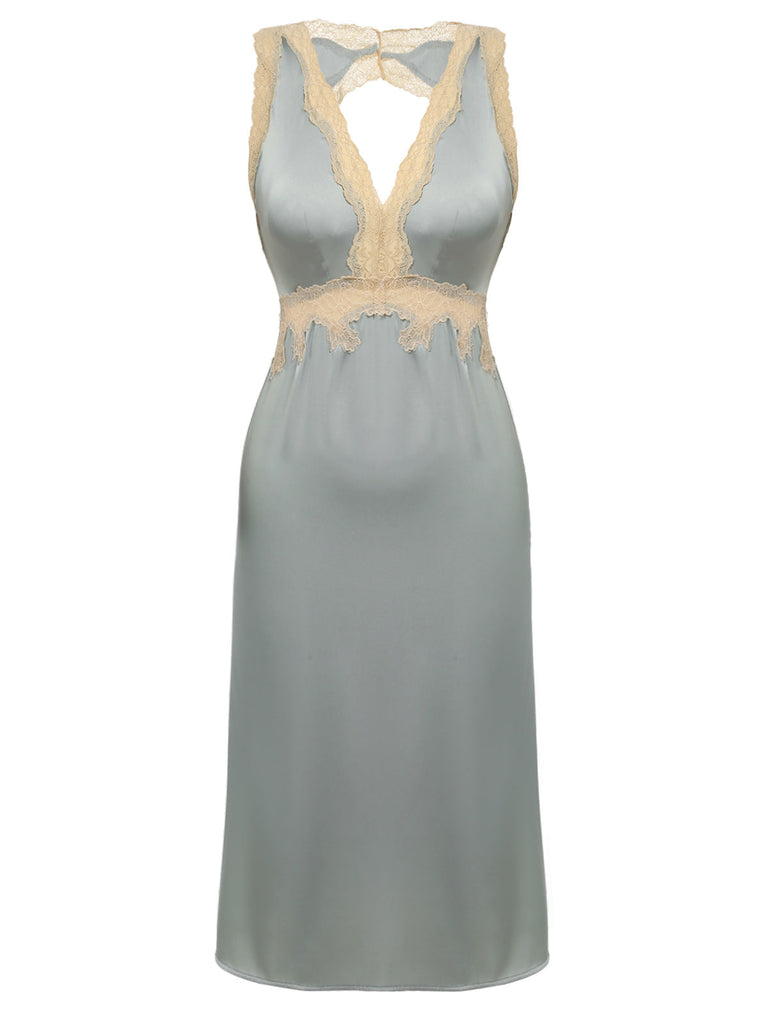 1950er Spitze Rückenfrei V-Ausschnitt Satin Nachtwäsche