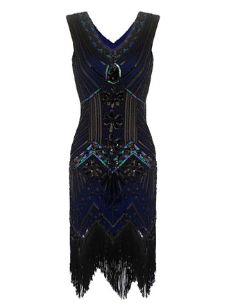 BLAU 1920ER PERLEN PAILLETTEN FRANSEN FLAPPER KLEID