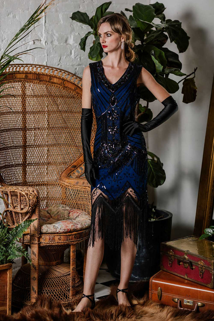 BLAU 1920ER PERLEN PAILLETTEN FRANSEN FLAPPER KLEID