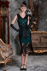 DUNKELGRÜN 1920ER VINTAGE PAILLETTEN FRANSE FLAPPER KLEID