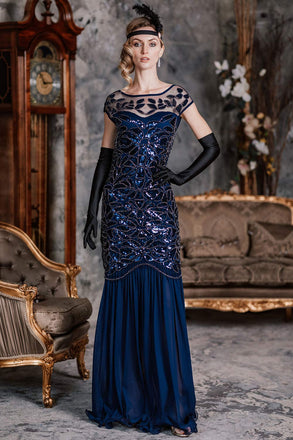 BLAU 1920ER PAILLETTEN  MAXI FLAPPER KLEID