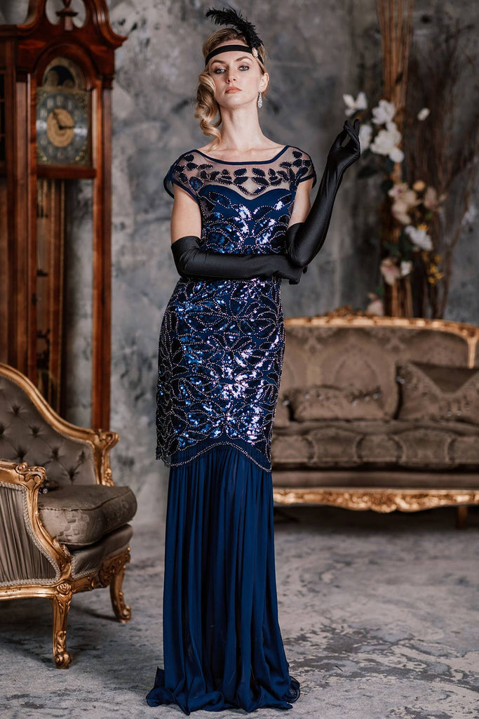 BLAU 1920ER PAILLETTEN  MAXI FLAPPER KLEID