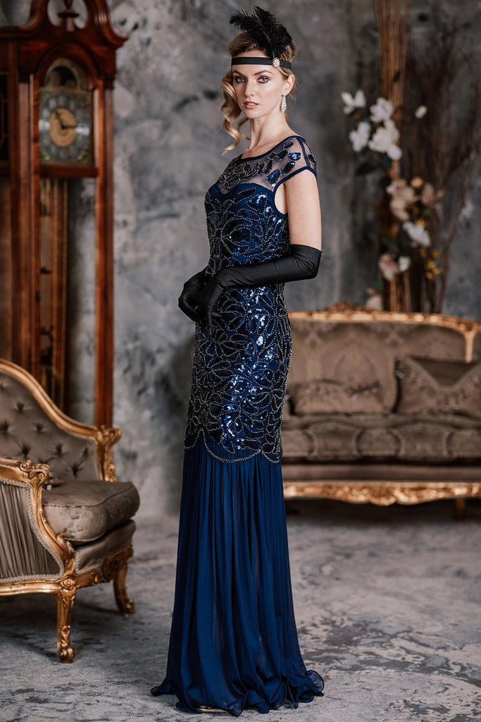 BLAU 1920ER PAILLETTEN  MAXI FLAPPER KLEID