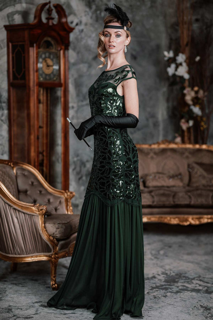 GRÜN 1920ER MAXI FLAPPER KLEID MIT PAILLETTEN