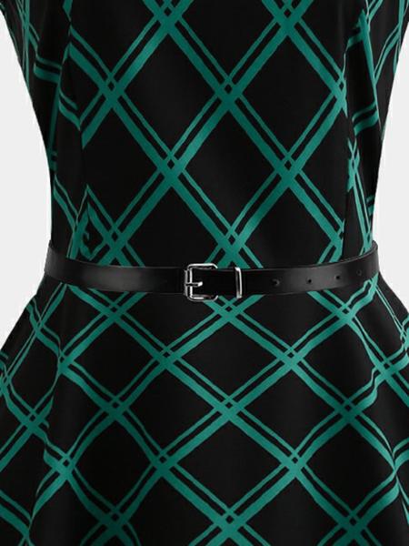 Schwarz & Grün 1950er Plaid Gürtel Swing Kleid