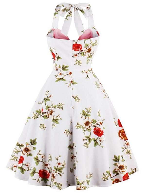 Rosa 1950er Halter Blumen Swing Kleid