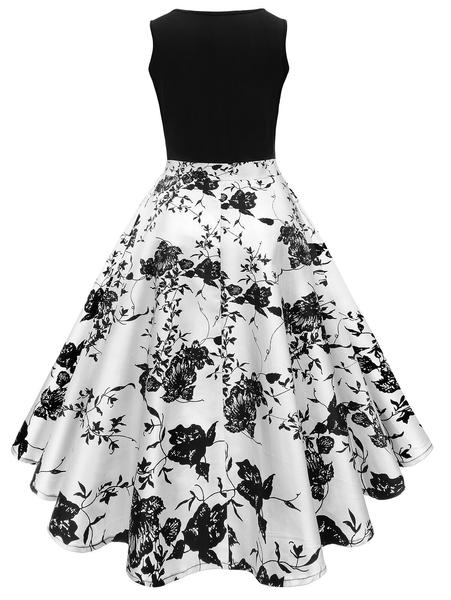 Schwarz 1950er Blumen Swing Kleid