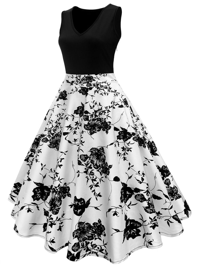 Schwarz 1950er Blumen Swing Kleid