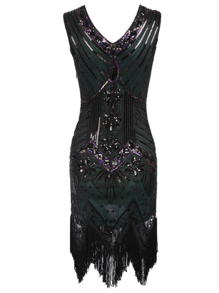 DUNKELGRÜN 1920ER VINTAGE PAILLETTEN FRANSE FLAPPER KLEID