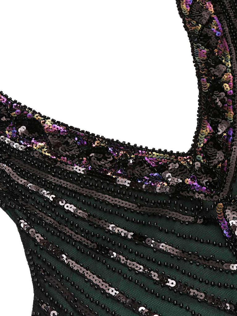 DUNKELGRÜN 1920ER VINTAGE PAILLETTEN FRANSE FLAPPER KLEID