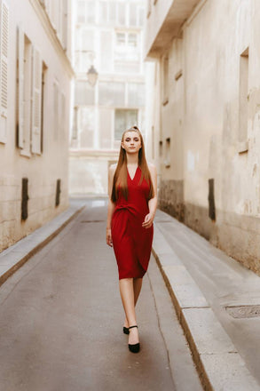 ROT VINTAGE NECKHOLDER BOW PENCIL KLEID