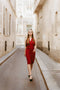 ROT VINTAGE NECKHOLDER BOW PENCIL KLEID