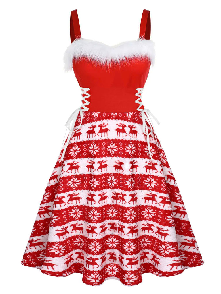 Rot 1950er Pelzig Träger Swing Kleid